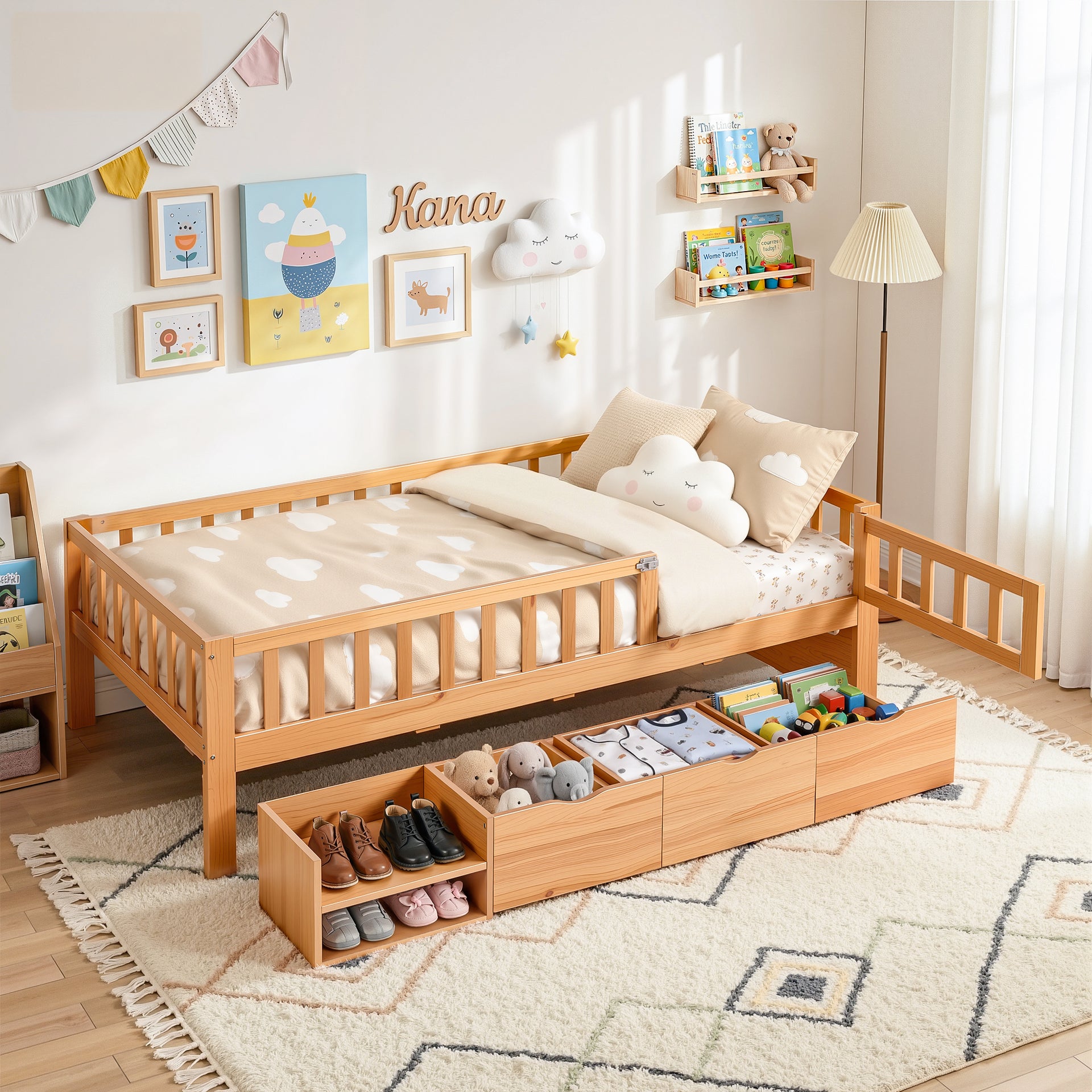 Artiss Kids Single Bed Frame with 3 Storage Drawer Montessori Bed for Toddler Natural Awezingly