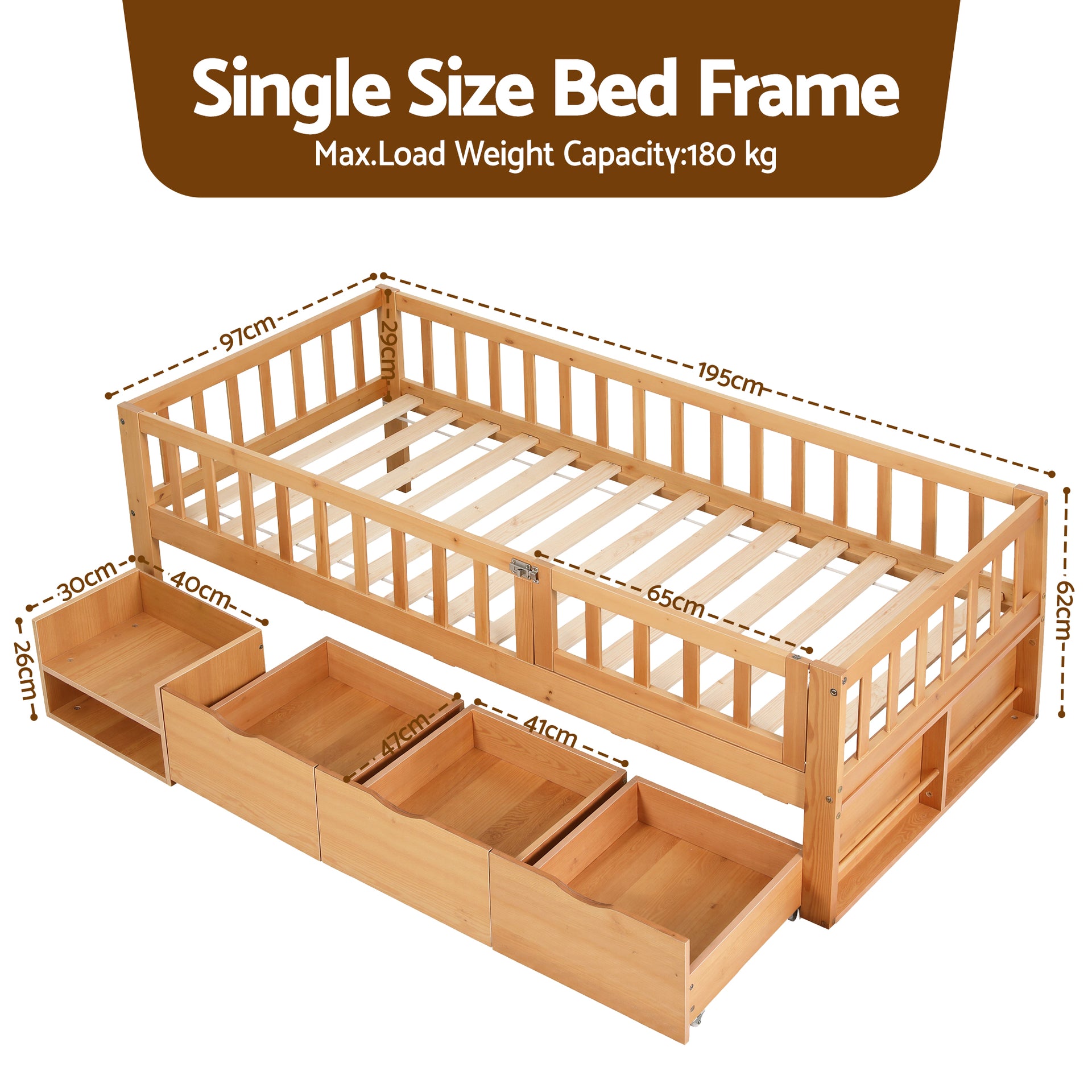 Artiss Kids Single Bed Frame with 3 Storage Drawer Montessori Bed for Toddler Natural Awezingly