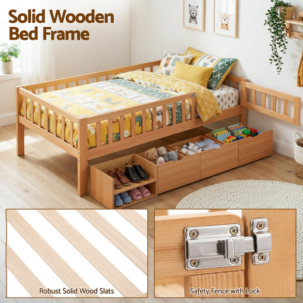 Artiss Kids Single Bed Frame with 3 Storage Drawer Montessori Bed for Toddler Natural Awezingly
