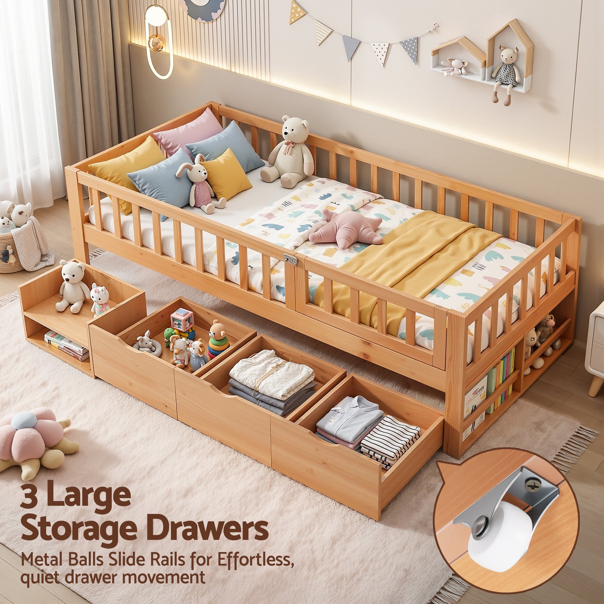 Artiss Kids Single Bed Frame with 3 Storage Drawer Montessori Bed for Toddler Natural Awezingly
