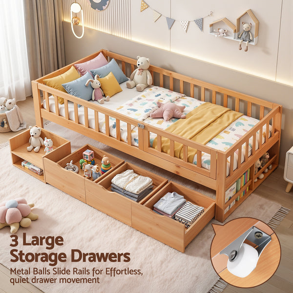 Artiss Kids Single Bed Frame with 3 Storage Drawer Montessori Bed for Toddler Natural Awezingly