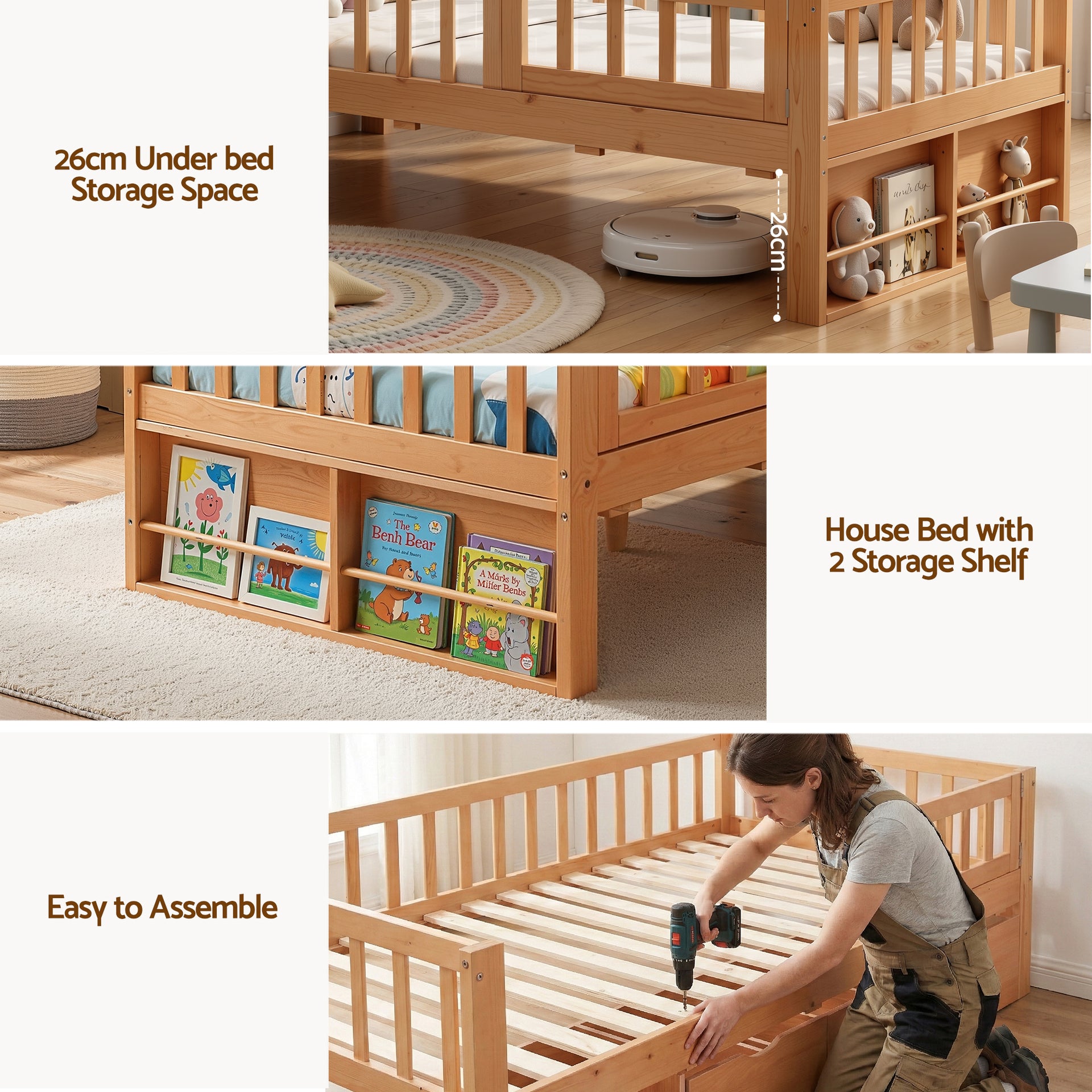 Artiss Kids Single Bed Frame with 3 Storage Drawer Montessori Bed for Toddler Natural Awezingly