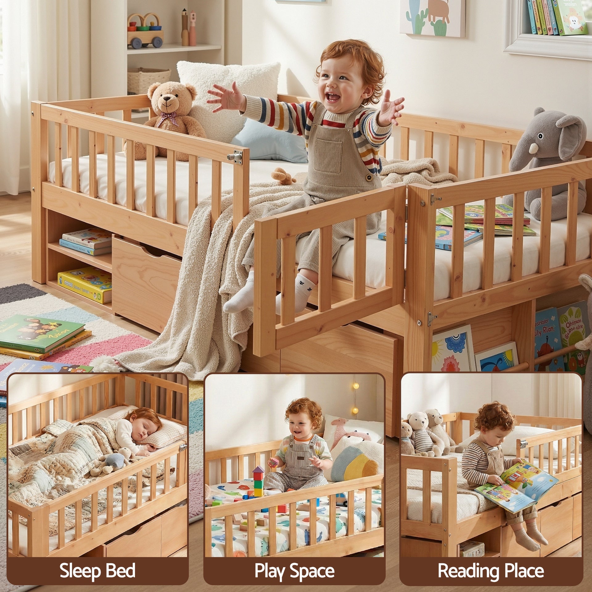 Artiss Kids Single Bed Frame with 3 Storage Drawer Montessori Bed for Toddler Natural Awezingly
