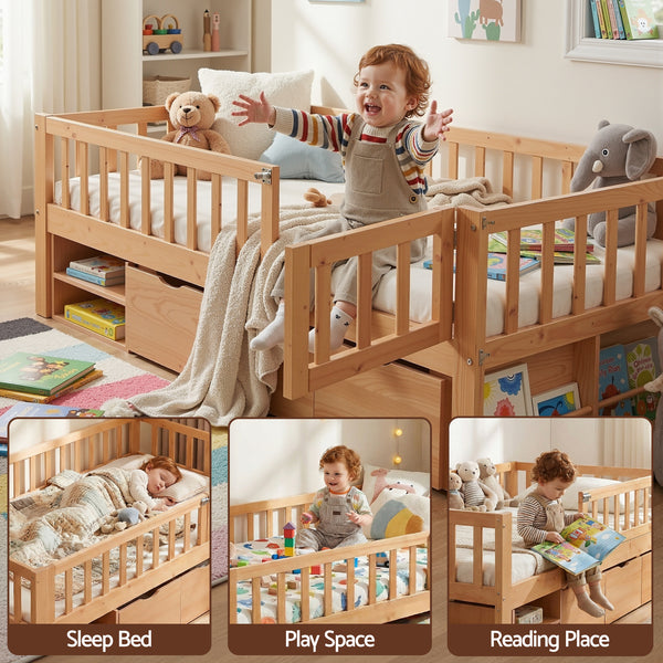 Artiss Kids Single Bed Frame with 3 Storage Drawer Montessori Bed for Toddler Natural Awezingly