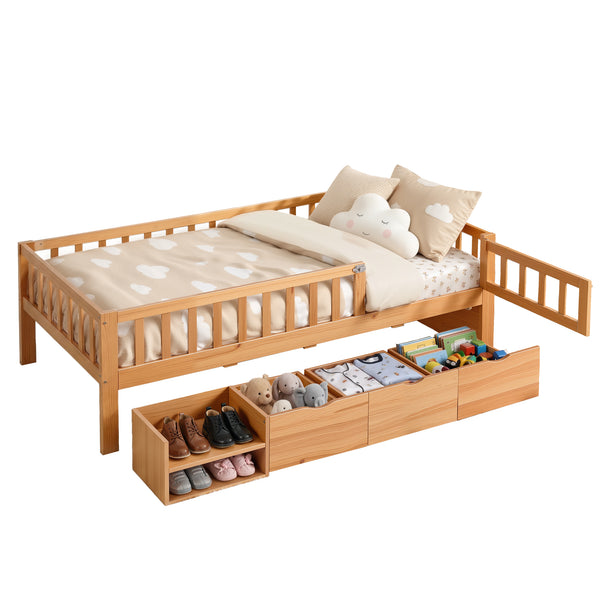 Artiss Kids Single Bed Frame with 3 Storage Drawer Montessori Bed for Toddler Natural Awezingly