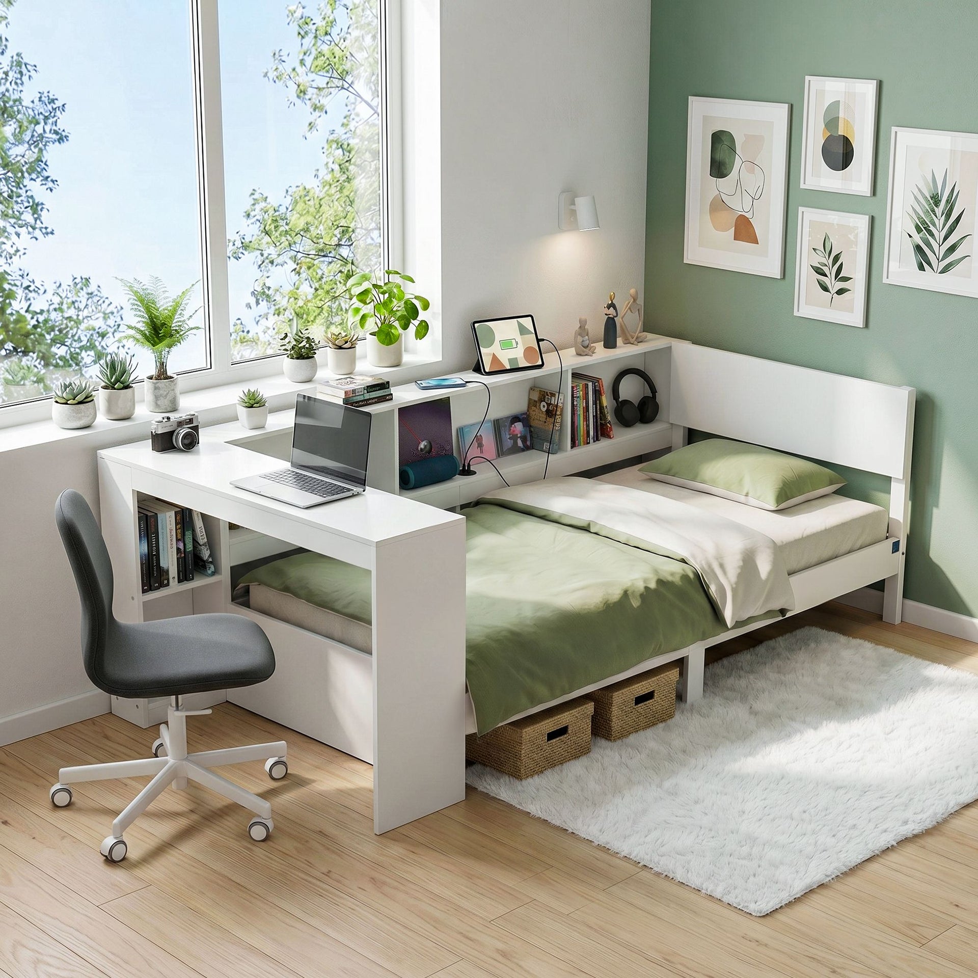 Artiss White Single Solid Wood Corner Platform Bed Frame with Built-in Desk, Storage Shelves and USB-C Charging Station for Small Spaces, Wooden Bed Base for Guest Room Artiss