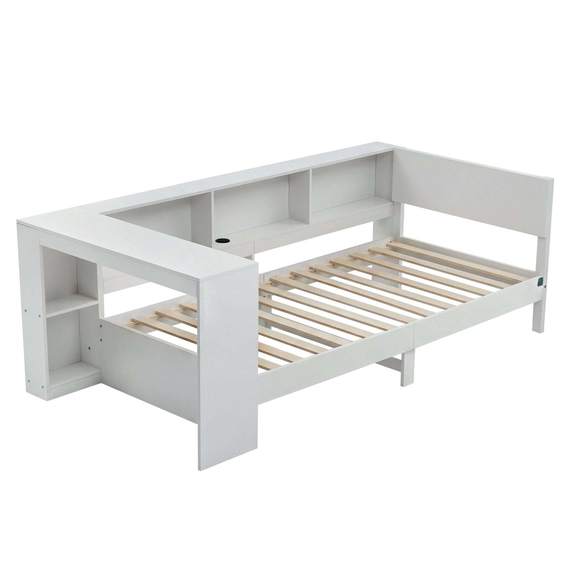 Artiss White Single Solid Wood Corner Platform Bed Frame with Built-in Desk, Storage Shelves and USB-C Charging Station for Small Spaces, Wooden Bed Base for Guest Room Artiss