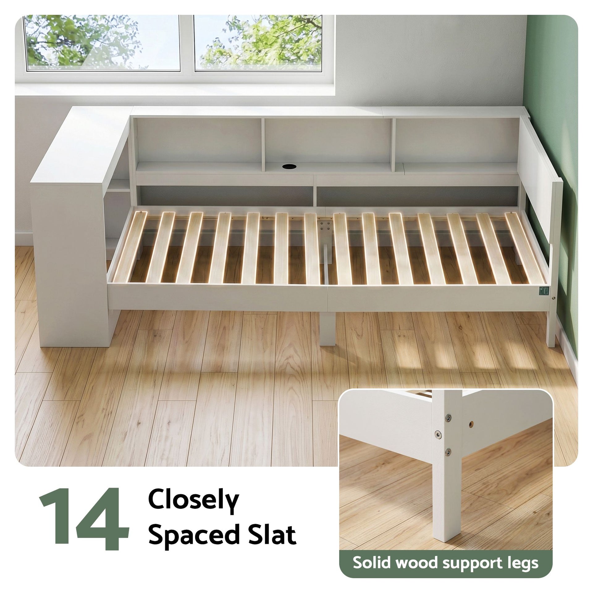 Artiss White Single Solid Wood Corner Platform Bed Frame with Built-in Desk, Storage Shelves and USB-C Charging Station for Small Spaces, Wooden Bed Base for Guest Room Artiss