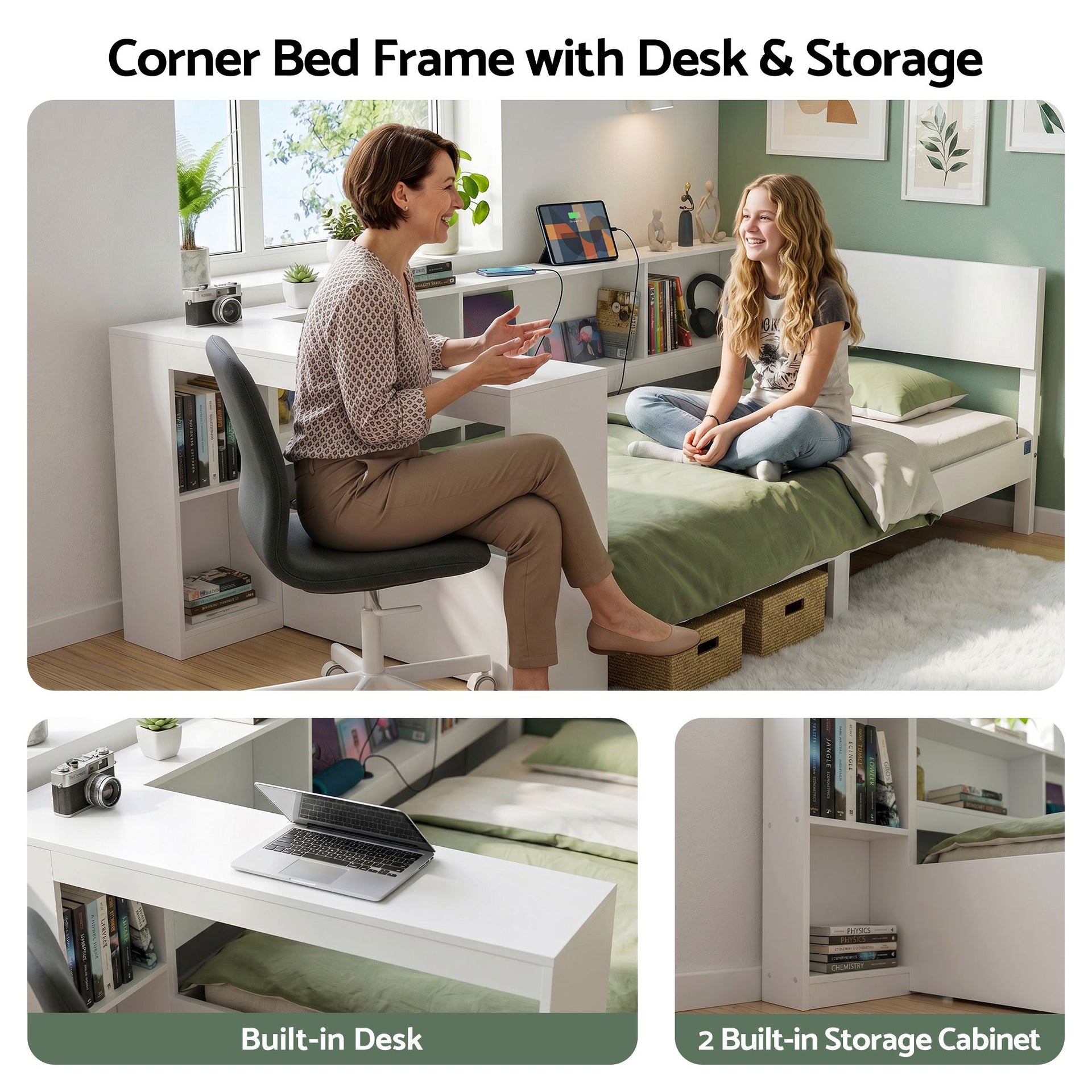 Artiss White Single Solid Wood Corner Platform Bed Frame with Built-in Desk, Storage Shelves and USB-C Charging Station for Small Spaces, Wooden Bed Base for Guest Room Artiss