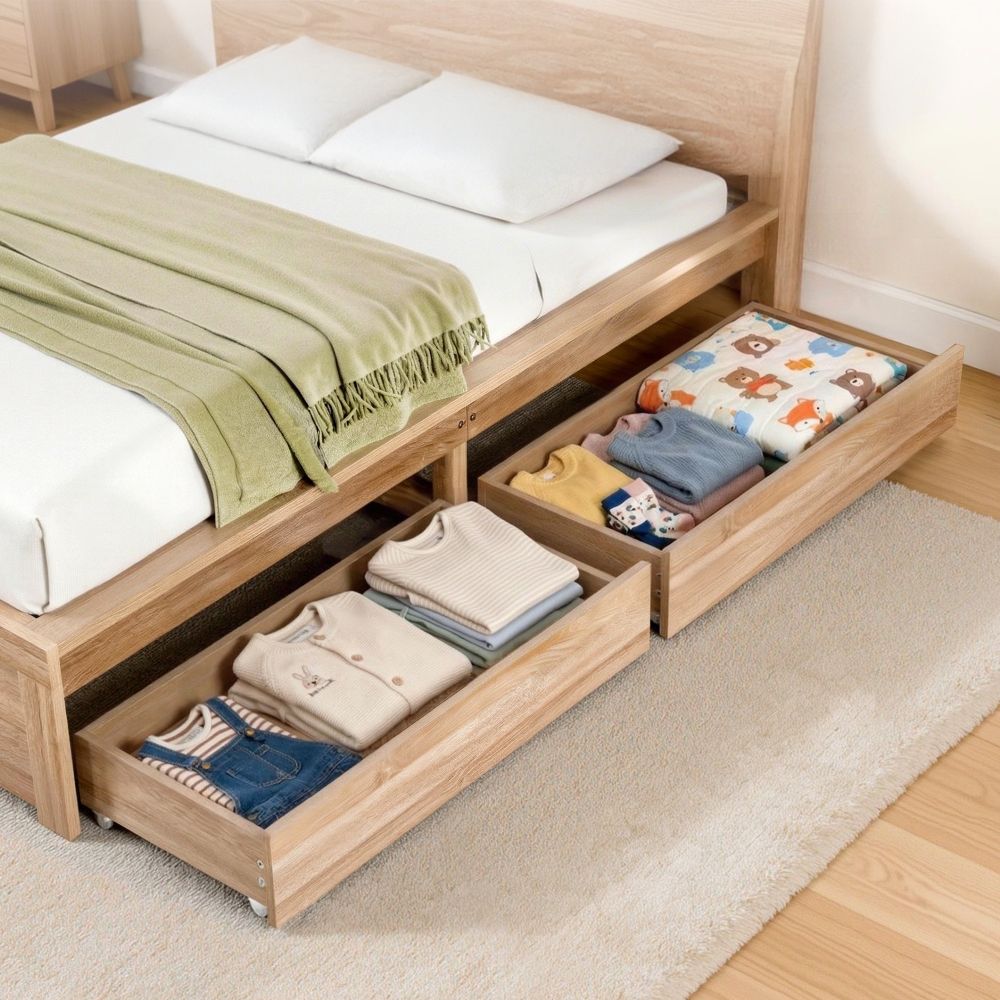 Artiss 2pcs Under Bed Storage with Wheels Rolling Wooden Drawers Single & Double Awezingly