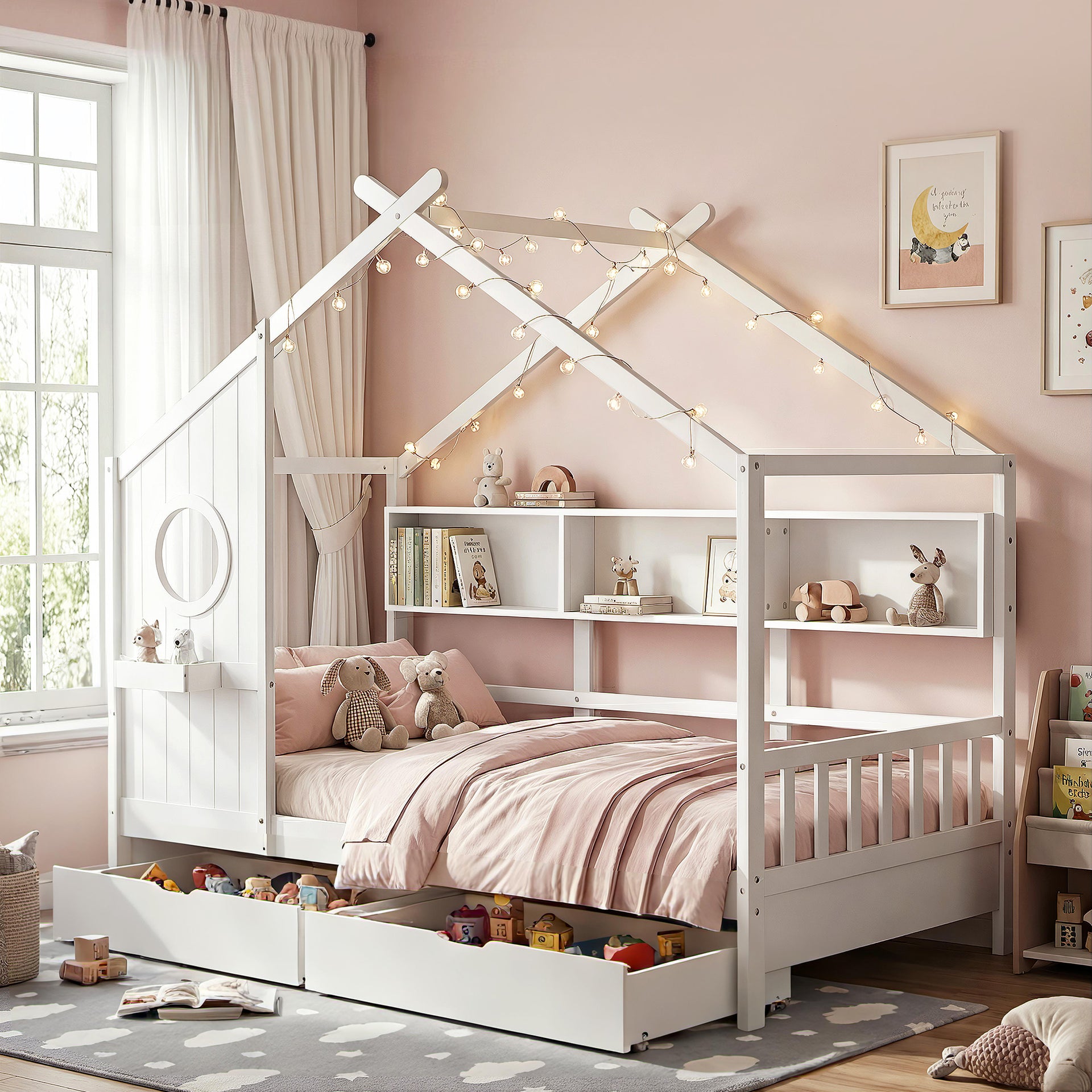 Artiss Kids Single Bed Frame with 3 Storage Bookcase & 2 Drawers House Bed Solid Wood Montessori Bed Easy Assembly White Awezingly
