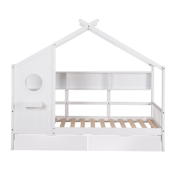 Artiss Kids Single Bed Frame with 3 Storage Bookcase & 2 Drawers House Bed Solid Wood Montessori Bed Easy Assembly White Awezingly