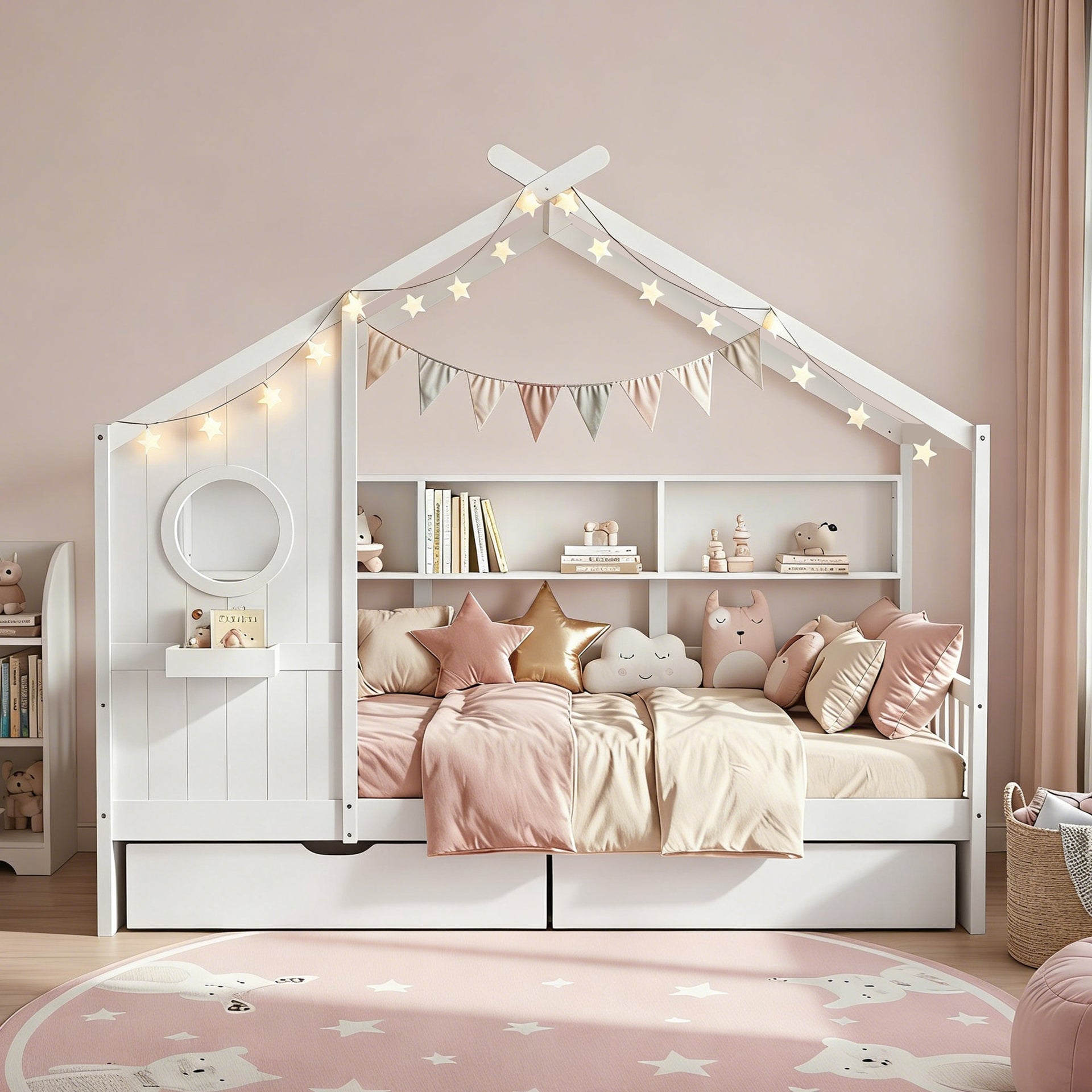 Artiss Kids Single Bed Frame with 3 Storage Bookcase & 2 Drawers House Bed Solid Wood Montessori Bed Easy Assembly White Awezingly