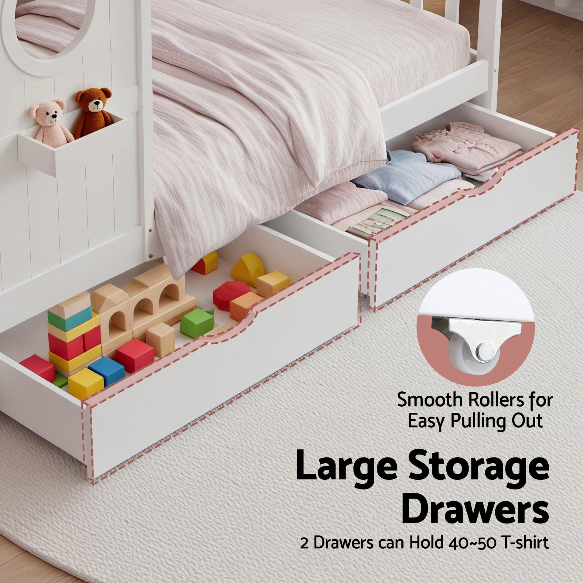 Artiss Kids Single Bed Frame with 3 Storage Bookcase & 2 Drawers House Bed Solid Wood Montessori Bed Easy Assembly White Awezingly