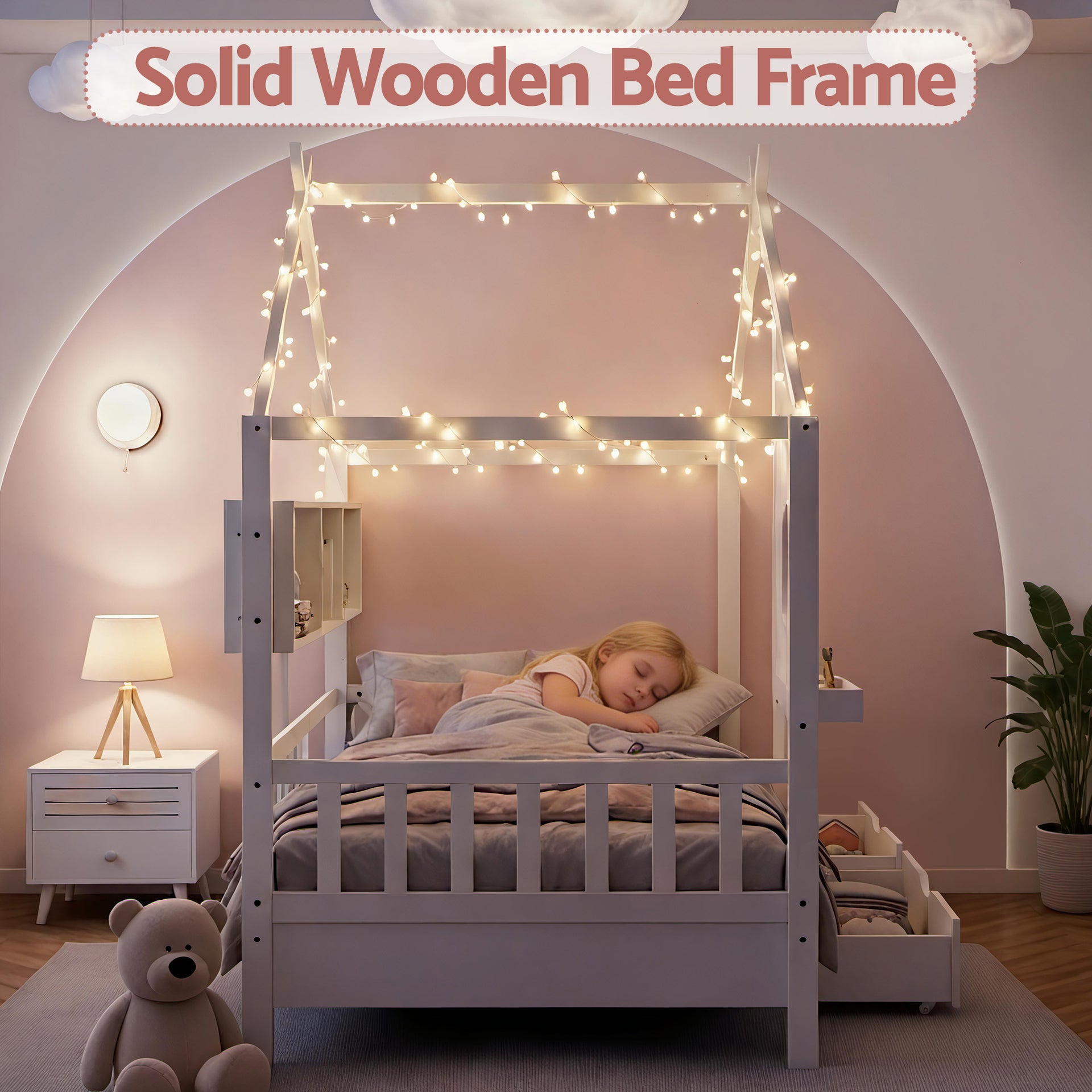 Artiss Kids Single Bed Frame with 3 Storage Bookcase & 2 Drawers House Bed Solid Wood Montessori Bed Easy Assembly White Awezingly