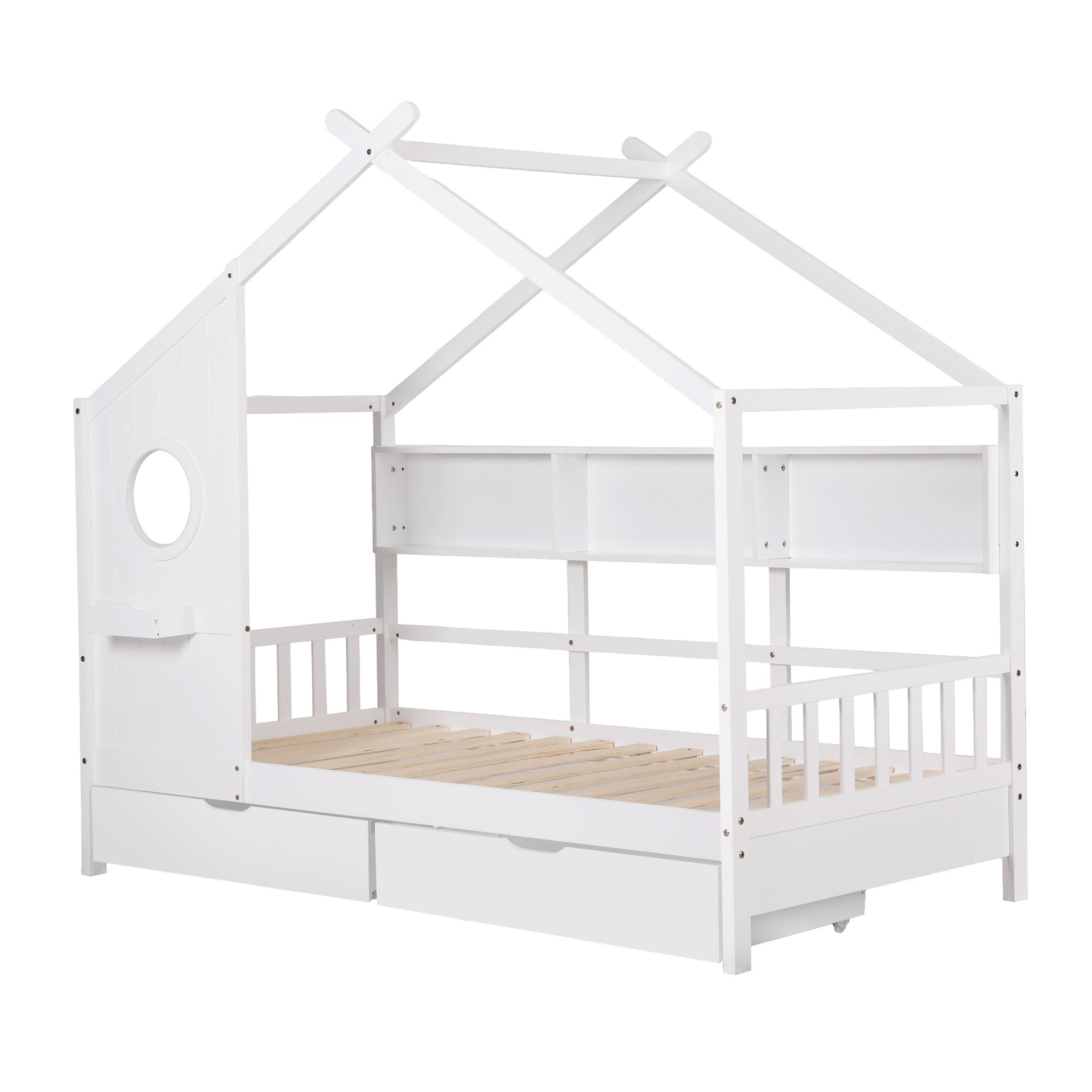 Artiss Kids Single Bed Frame with 3 Storage Bookcase & 2 Drawers House Bed Solid Wood Montessori Bed Easy Assembly White Awezingly