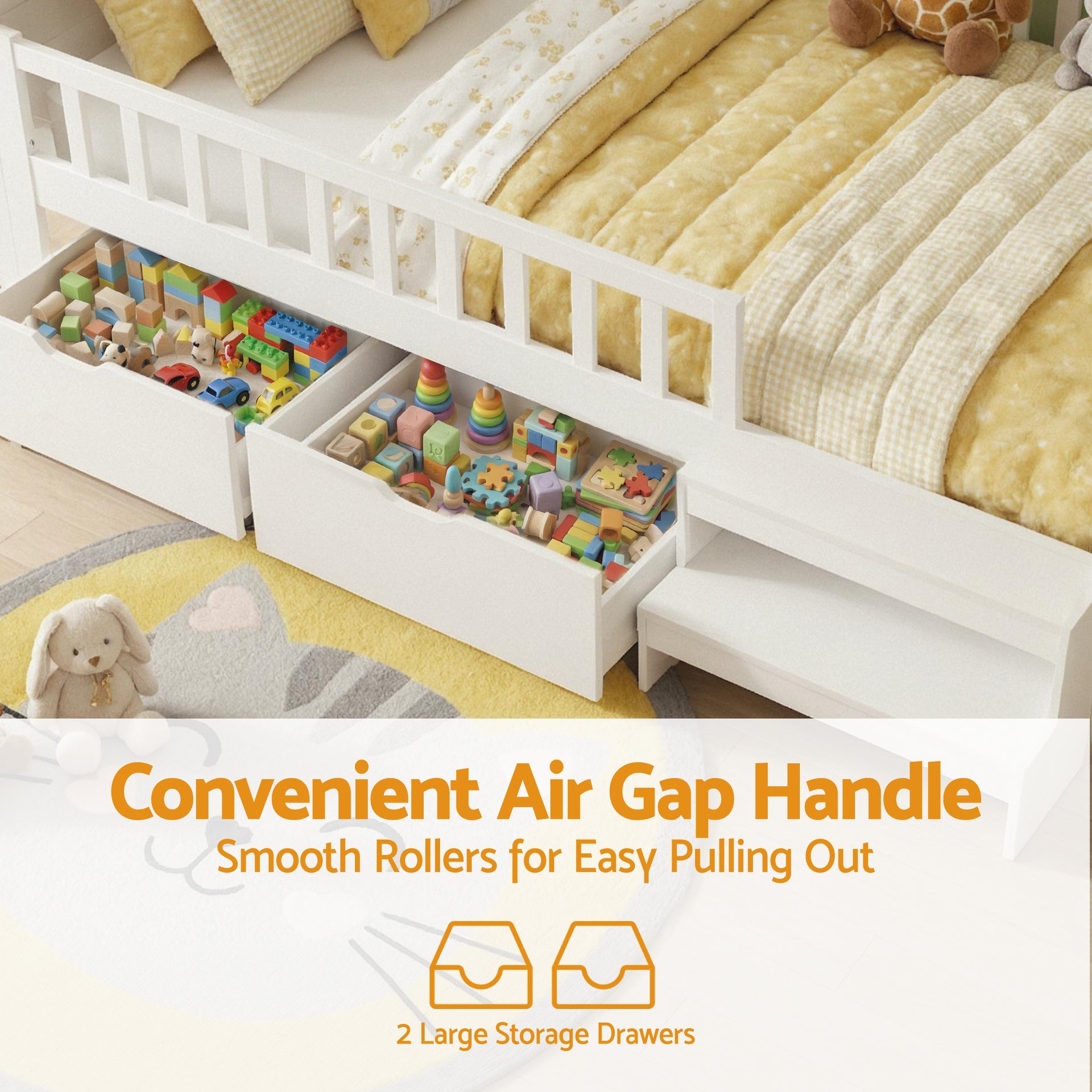 Artiss Single Bed Frame with 2 Storage Drawers, Montessori Bed with Headboard, 2 USB Ports & Led Light, Solid Wood Platform Bed Base with Safety Rail & Ladder, 31CM Under-Bed Storage, White Awezingly