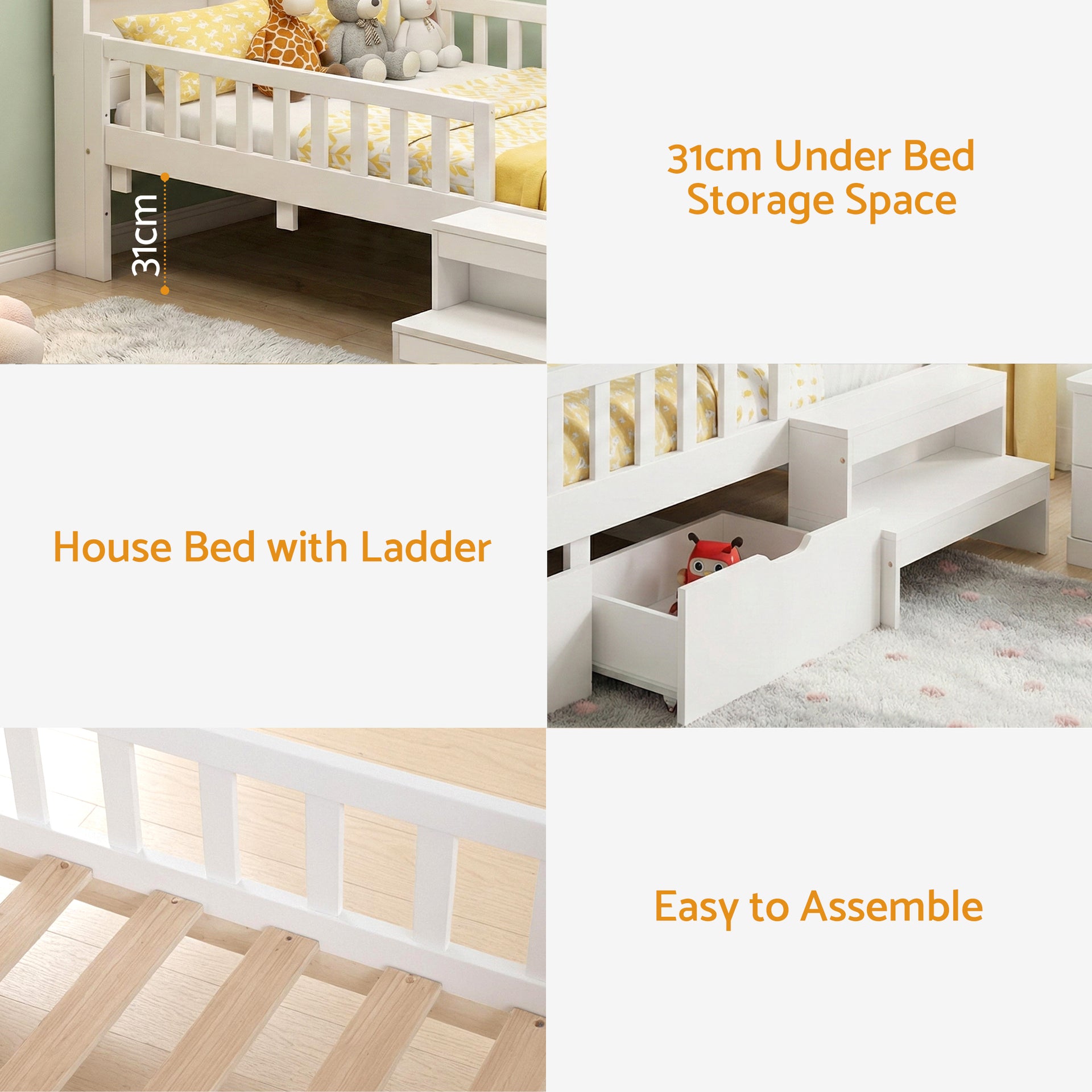 Artiss Single Bed Frame with 2 Storage Drawers, Montessori Bed with Headboard, 2 USB Ports & Led Light, Solid Wood Platform Bed Base with Safety Rail & Ladder, 31CM Under-Bed Storage, White Awezingly