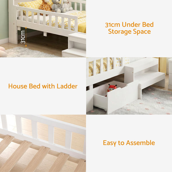 Artiss Single Bed Frame with 2 Storage Drawers, Montessori Bed with Headboard, 2 USB Ports & Led Light, Solid Wood Platform Bed Base with Safety Rail & Ladder, 31CM Under-Bed Storage, White Awezingly