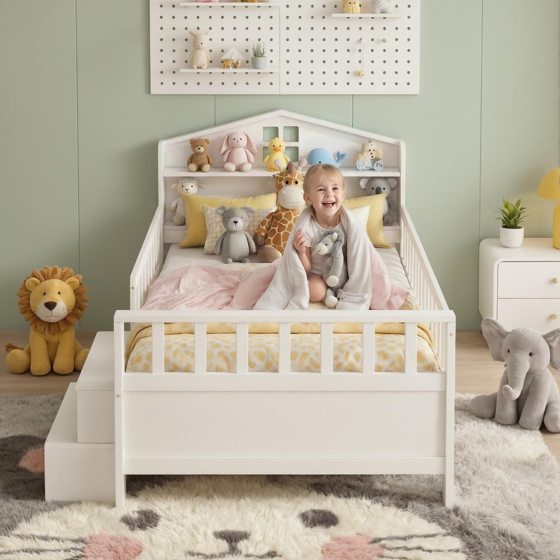 Artiss Single Bed Frame with 2 Storage Drawers, Montessori Bed with Headboard, 2 USB Ports & Led Light, Solid Wood Platform Bed Base with Safety Rail & Ladder, 31CM Under-Bed Storage, White Awezingly