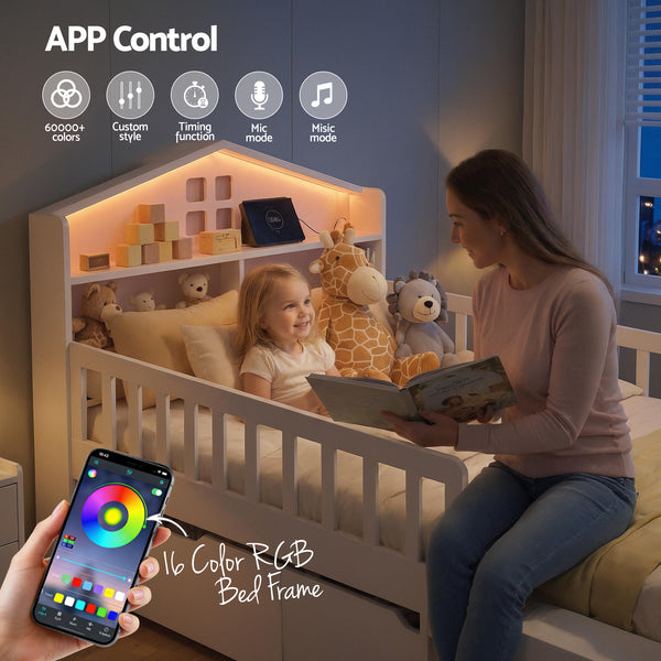 Artiss Single Bed Frame with 2 Storage Drawers, Montessori Bed with Headboard, 2 USB Ports & Led Light, Solid Wood Platform Bed Base with Safety Rail & Ladder, 31CM Under-Bed Storage, White Awezingly