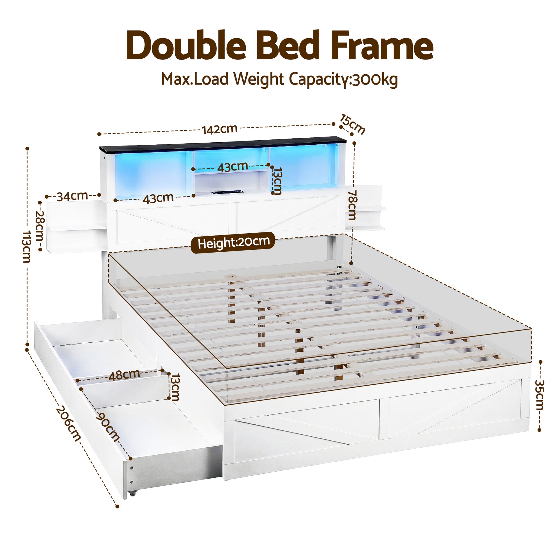 Artiss Double Bed Frame with Storage Drawers White Platform Bedframe with Bookcase Headboard Charging Station Led Light Awezingly