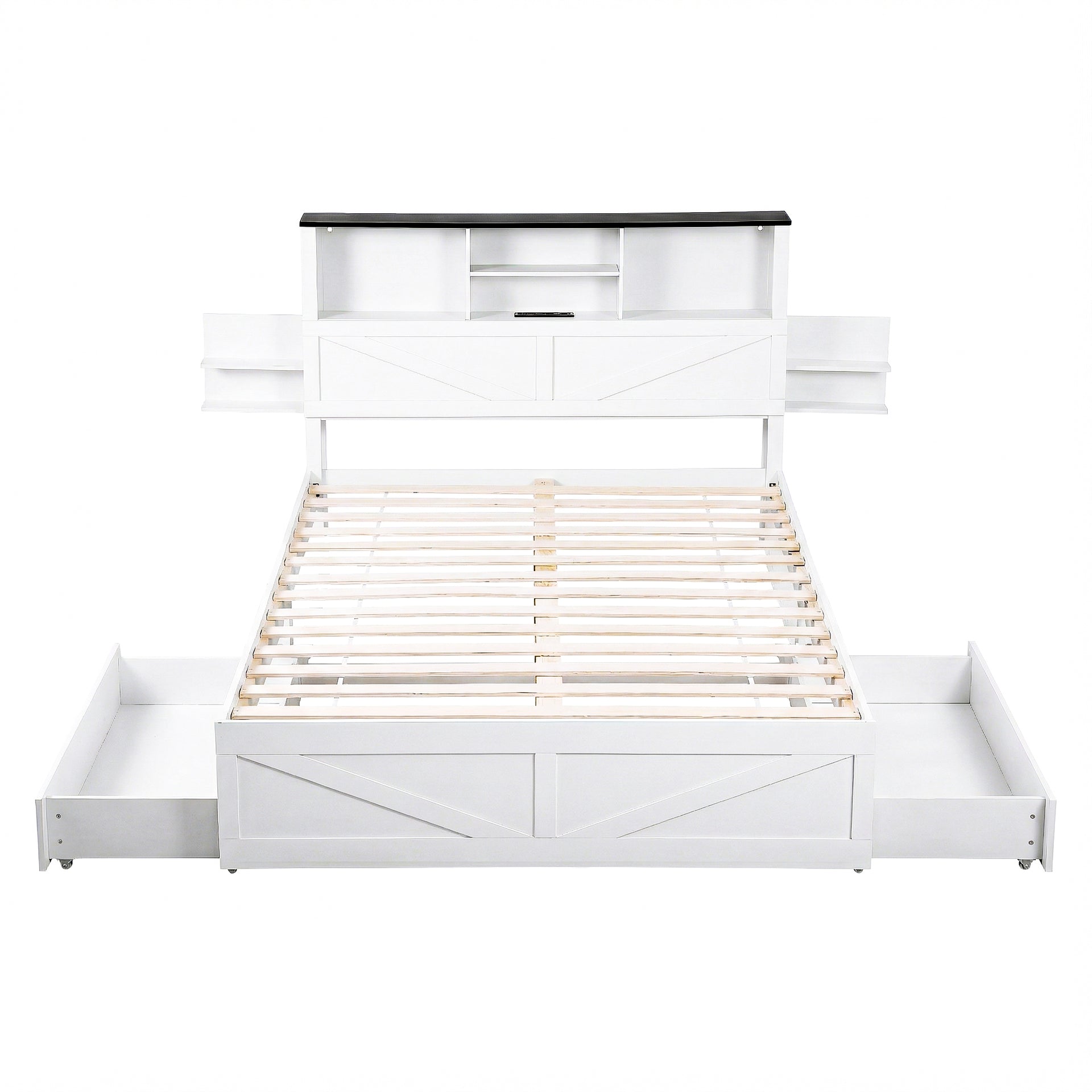 Artiss Double Bed Frame with Storage Drawers White Platform Bedframe with Bookcase Headboard Charging Station Led Light Awezingly
