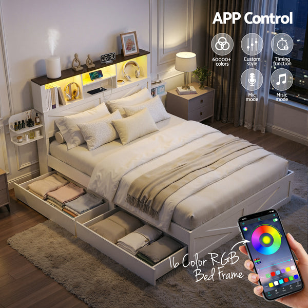 Artiss Double Bed Frame with Storage Drawers White Platform Bedframe with Bookcase Headboard Charging Station Led Light Awezingly