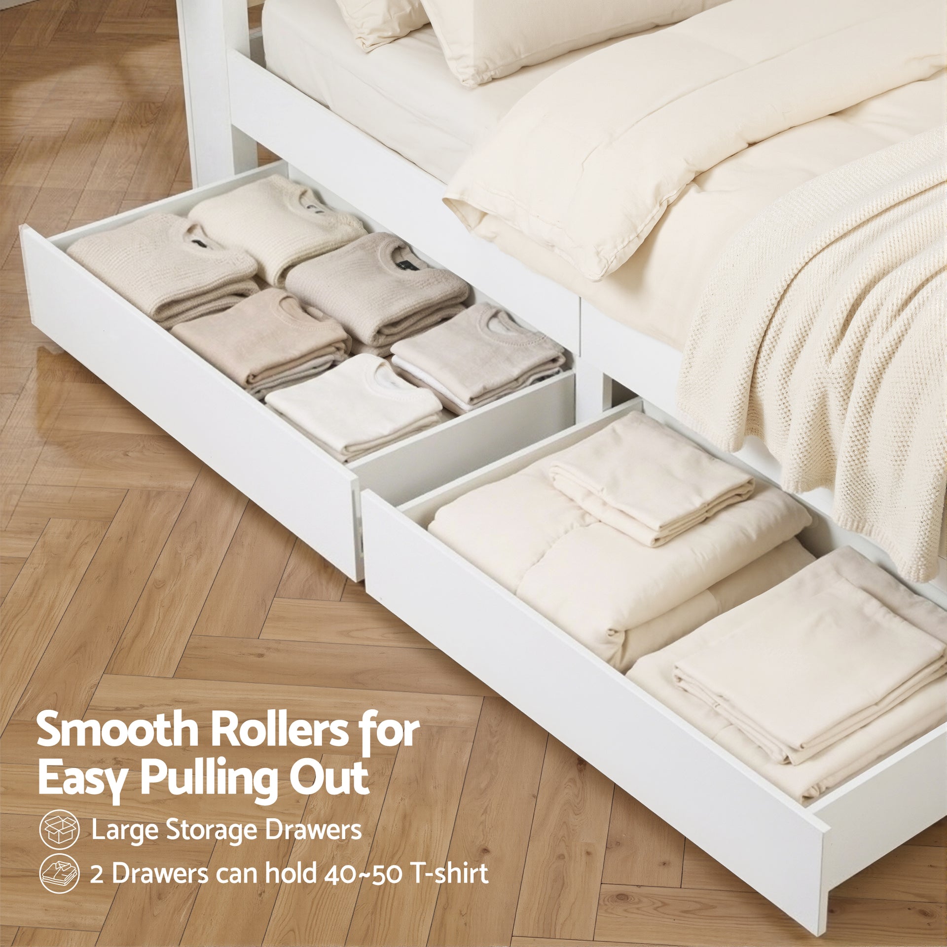 Artiss Double Bed Frame with Storage Drawers White Platform Bedframe with Bookcase Headboard Charging Station Led Light Awezingly