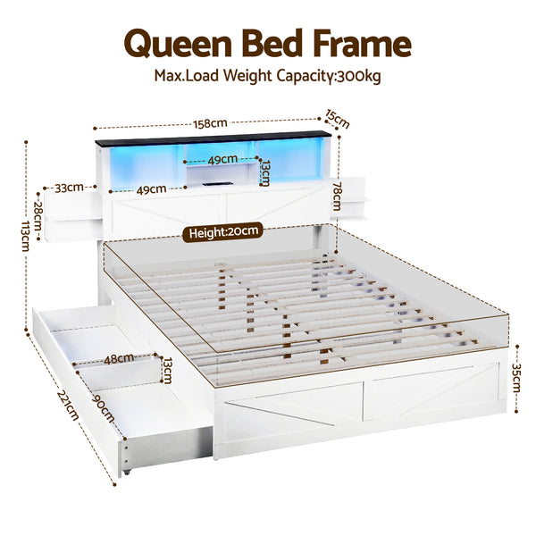 Artiss Queen Bed Frame with Storage Drawers White Platform Bedframe with Bookcase Headboard Charging Station Led Light Awezingly
