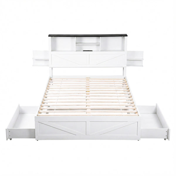 Artiss Queen Bed Frame with Storage Drawers White Platform Bedframe with Bookcase Headboard Charging Station Led Light Awezingly