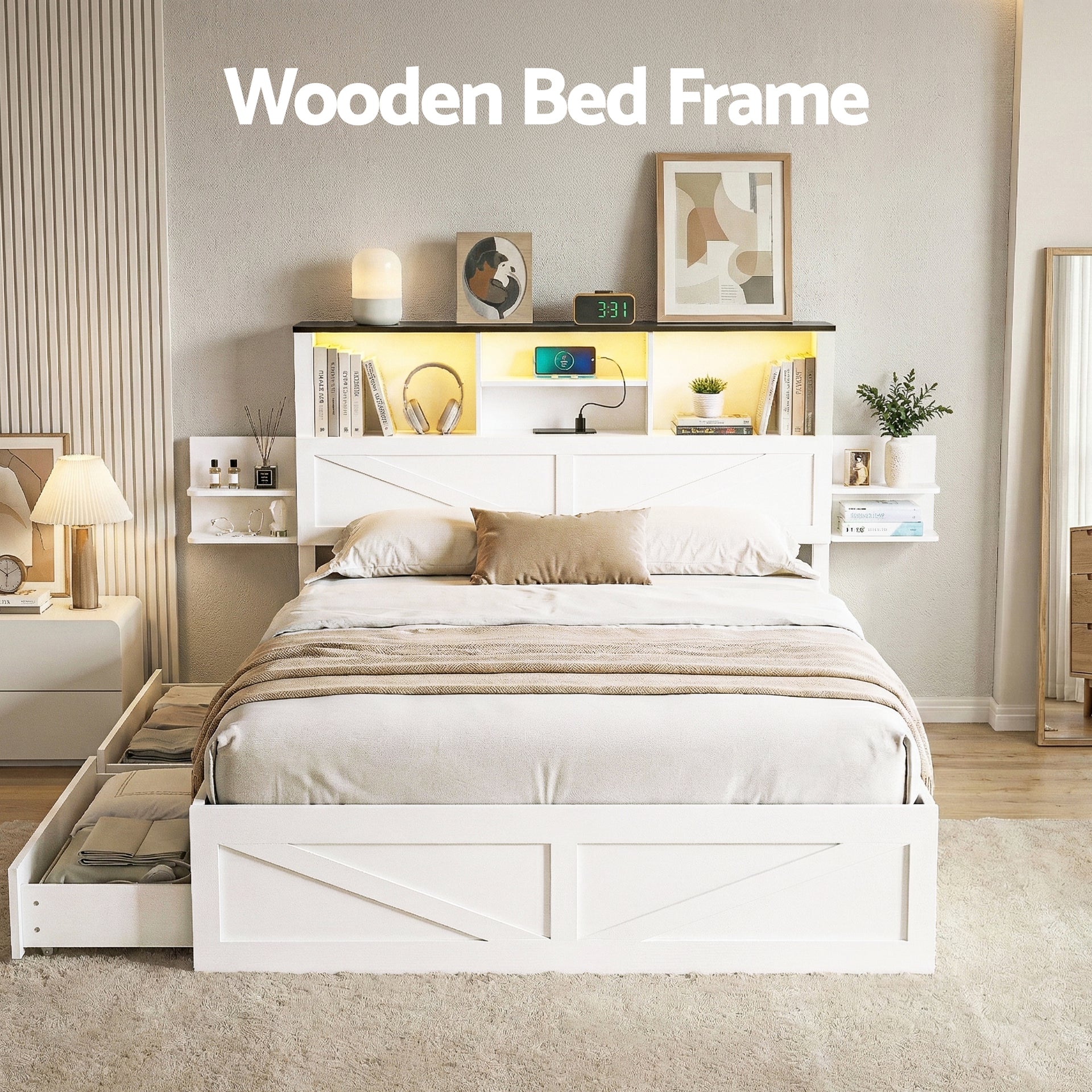 Artiss Queen Bed Frame with Storage Drawers White Platform Bedframe with Bookcase Headboard Charging Station Led Light Awezingly