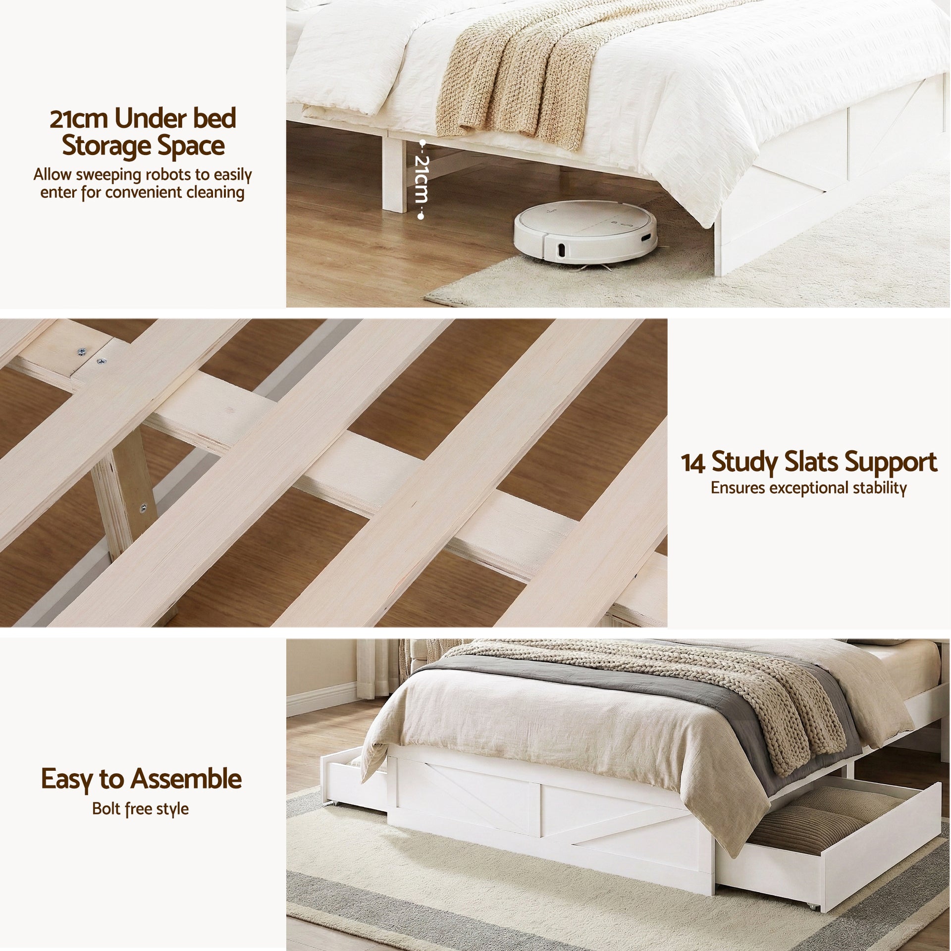 Artiss Queen Bed Frame with Storage Drawers White Platform Bedframe with Bookcase Headboard Charging Station Led Light Awezingly