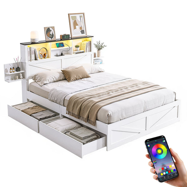 Artiss Queen Bed Frame with Storage Drawers White Platform Bedframe with Bookcase Headboard Charging Station Led Light Awezingly