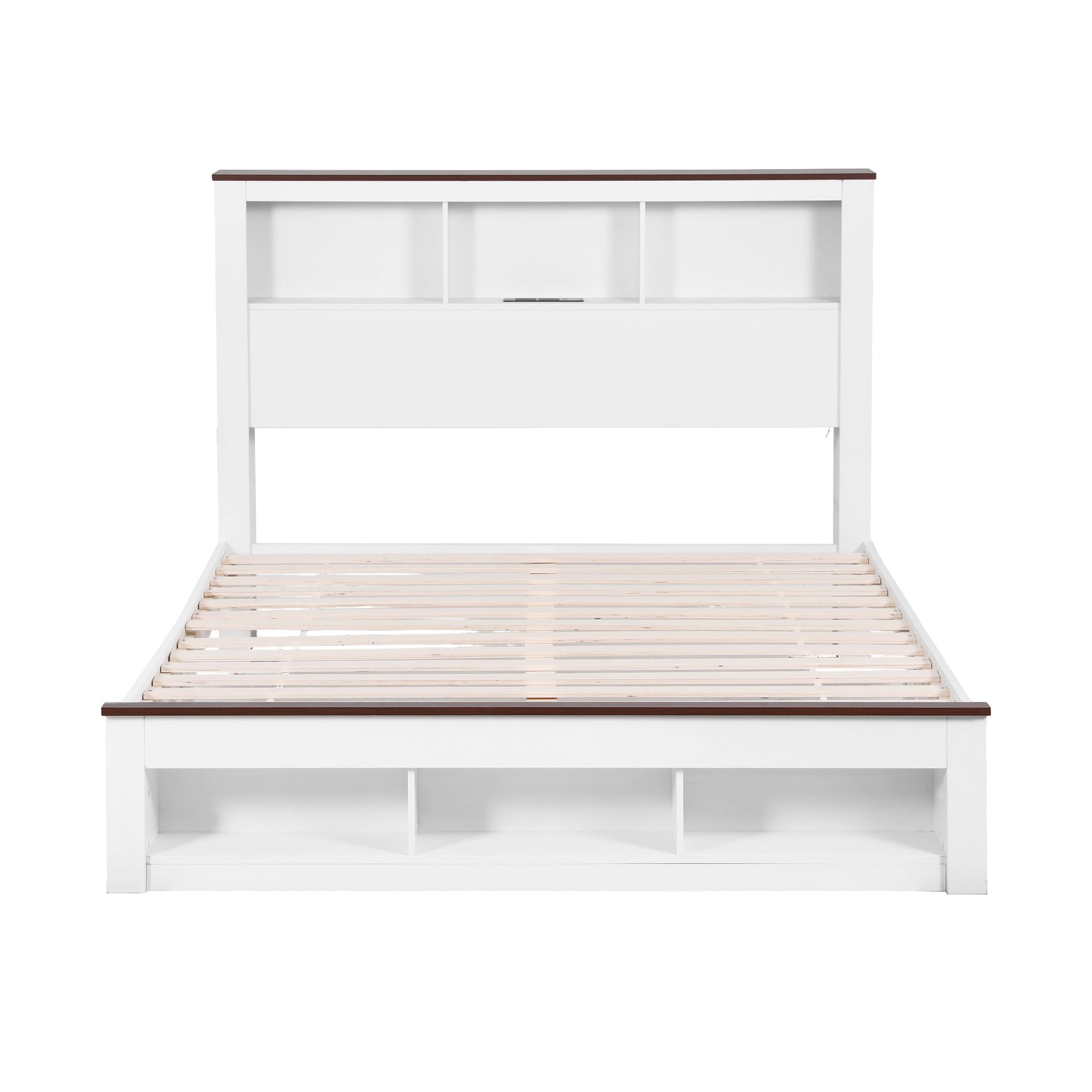 Artiss Double Bed Frame with Storage Bookcase Headboard and Footboard White Wooden Platform Bed with Charging Station and Led Light Bedroom Furniture Awezingly