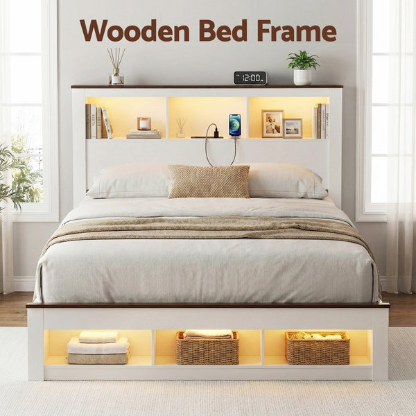 Artiss Double Bed Frame with Storage Bookcase Headboard and Footboard White Wooden Platform Bed with Charging Station and Led Light Bedroom Furniture Awezingly