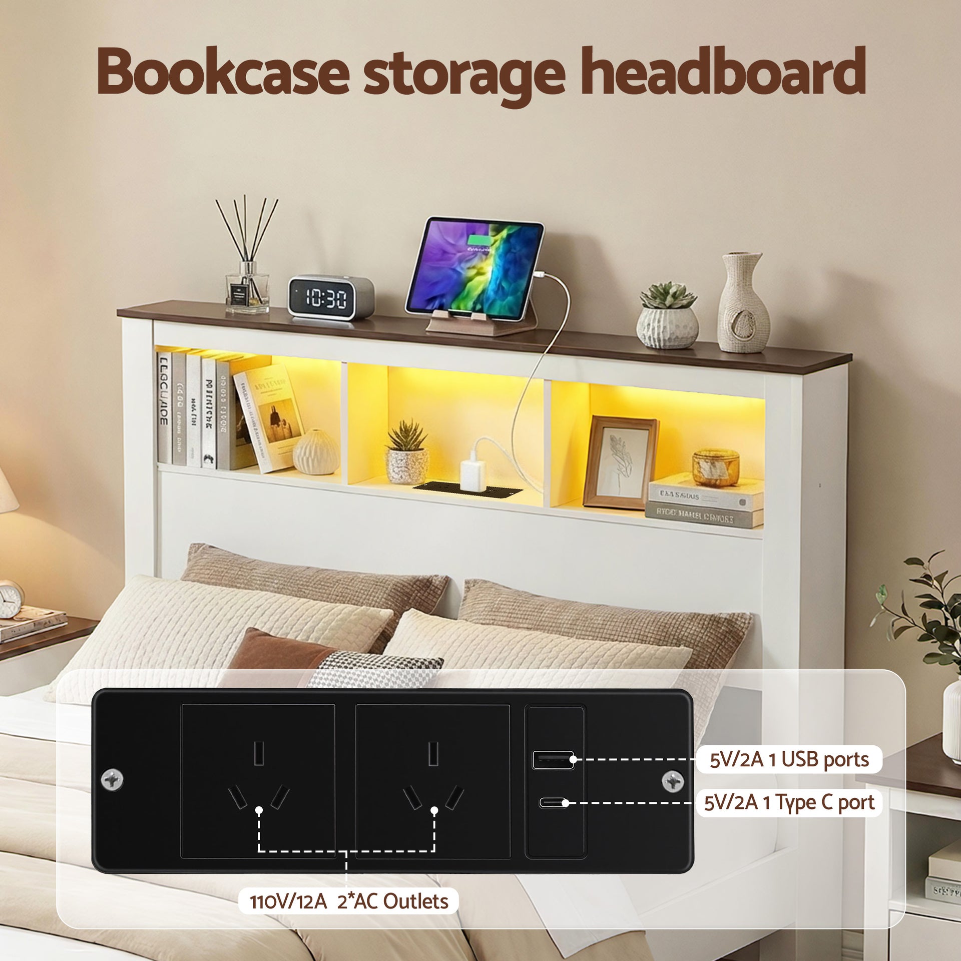 Artiss Double Bed Frame with Storage Bookcase Headboard and Footboard White Wooden Platform Bed with Charging Station and Led Light Bedroom Furniture Awezingly