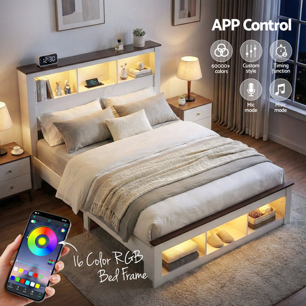Artiss Double Bed Frame with Storage Bookcase Headboard and Footboard White Wooden Platform Bed with Charging Station and Led Light Bedroom Furniture Awezingly