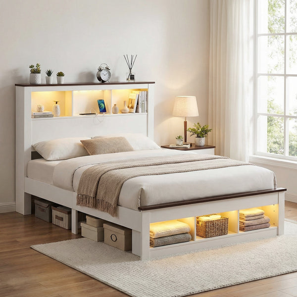 Artiss Queen Bed Frame with Storage Bookcase Headboard and Footboard White Wooden Platform Bed with Charging Station and Led Light Bedroom Furniture Awezingly