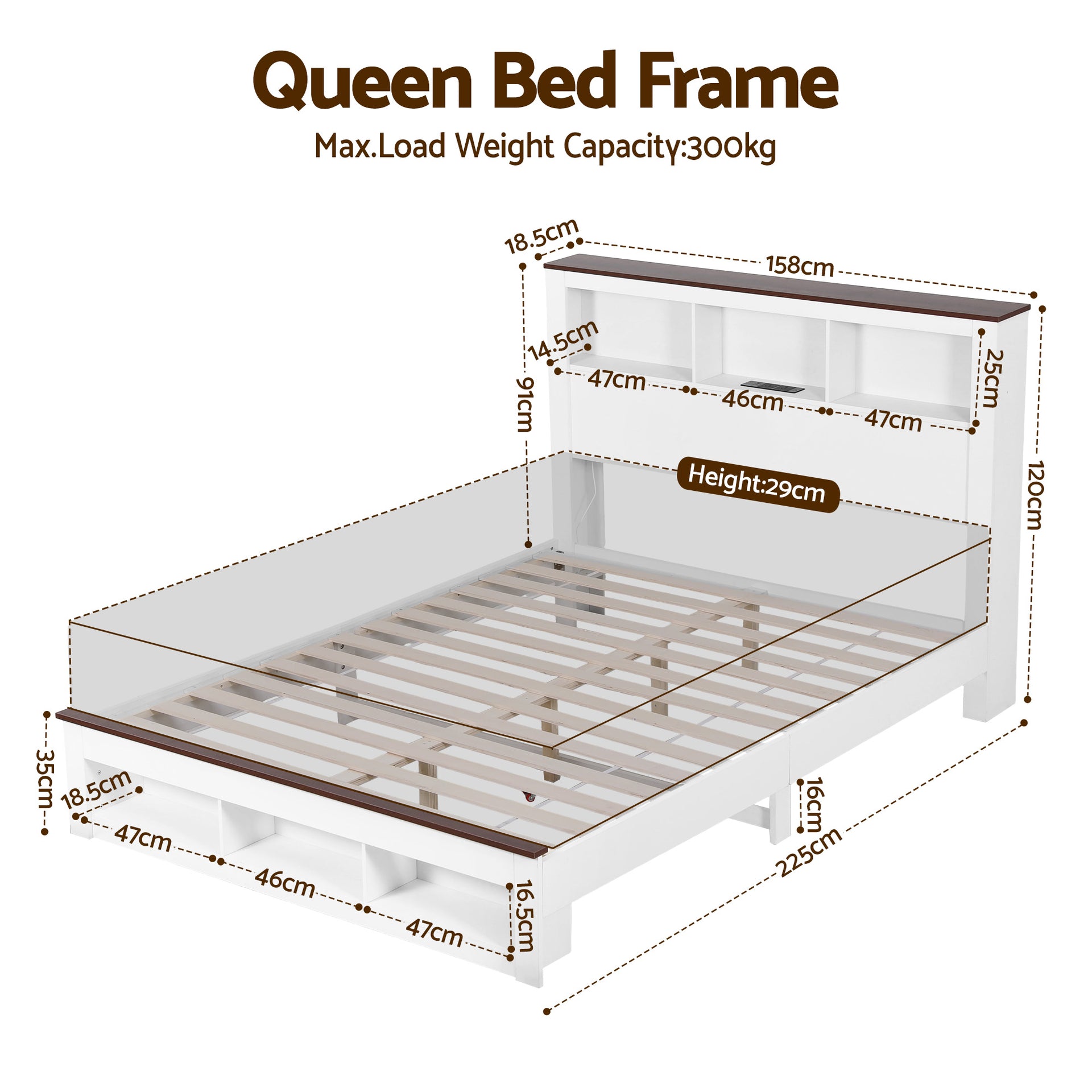 Artiss Queen Bed Frame with Storage Bookcase Headboard and Footboard White Wooden Platform Bed with Charging Station and Led Light Bedroom Furniture Awezingly