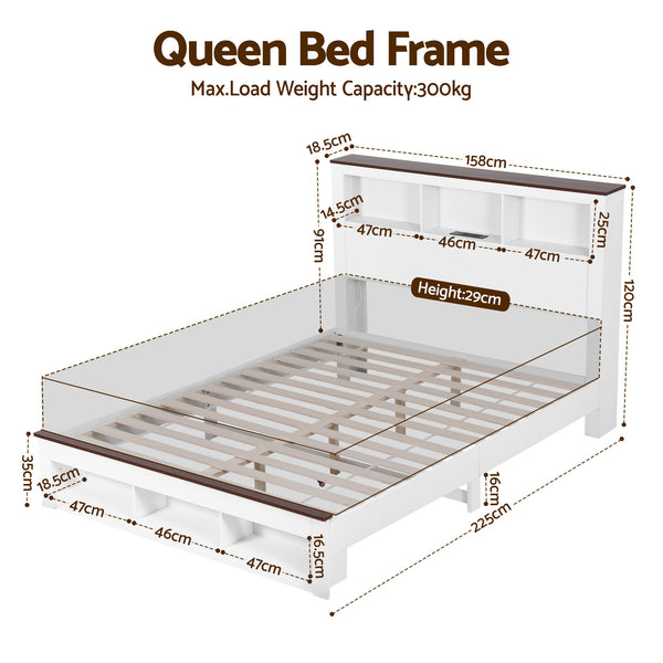 Artiss Queen Bed Frame with Storage Bookcase Headboard and Footboard White Wooden Platform Bed with Charging Station and Led Light Bedroom Furniture Awezingly