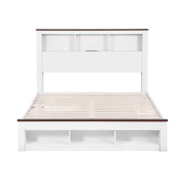 Artiss Queen Bed Frame with Storage Bookcase Headboard and Footboard White Wooden Platform Bed with Charging Station and Led Light Bedroom Furniture Awezingly