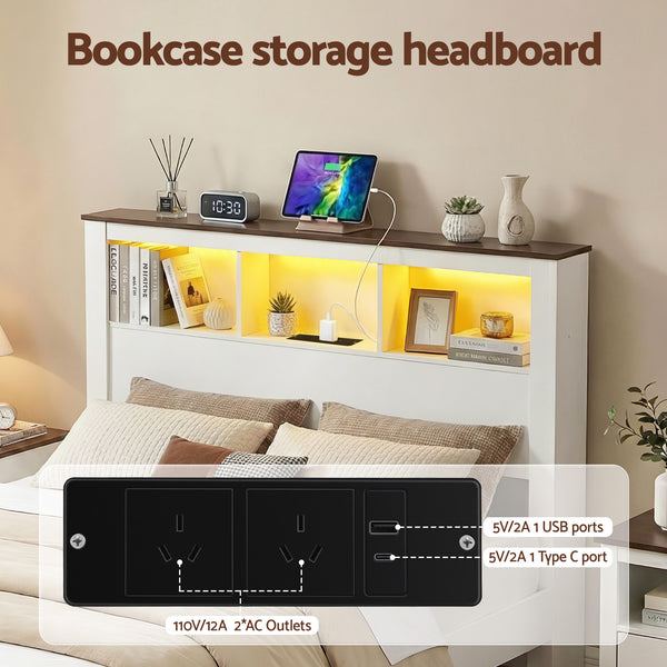 Artiss Queen Bed Frame with Storage Bookcase Headboard and Footboard White Wooden Platform Bed with Charging Station and Led Light Bedroom Furniture Awezingly