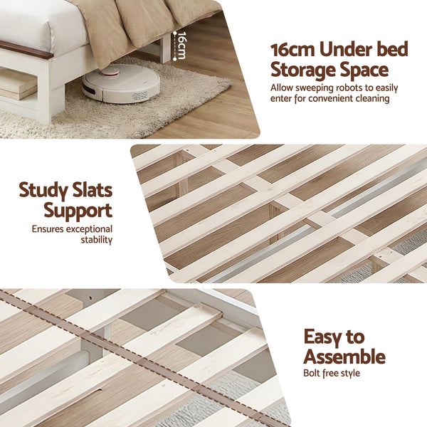 Artiss Queen Bed Frame with Storage Bookcase Headboard and Footboard White Wooden Platform Bed with Charging Station and Led Light Bedroom Furniture Awezingly