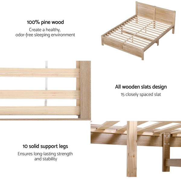 Artiss Bed Frame Double Size Wooden Acacia Wood OATMEAL Artiss