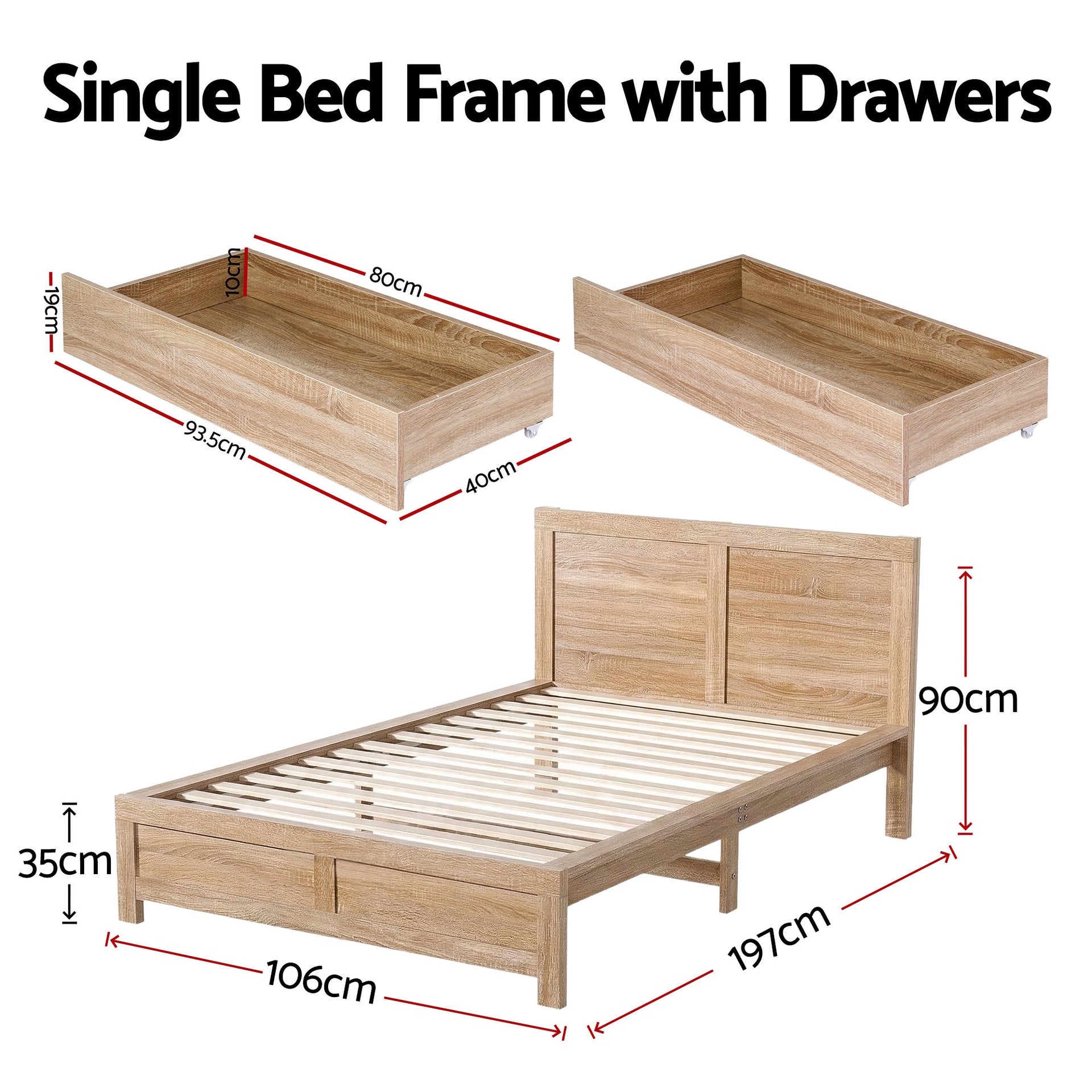 Artiss Single Bed Frame with 2 Drawers Wooden Bed Base Walnut Artiss