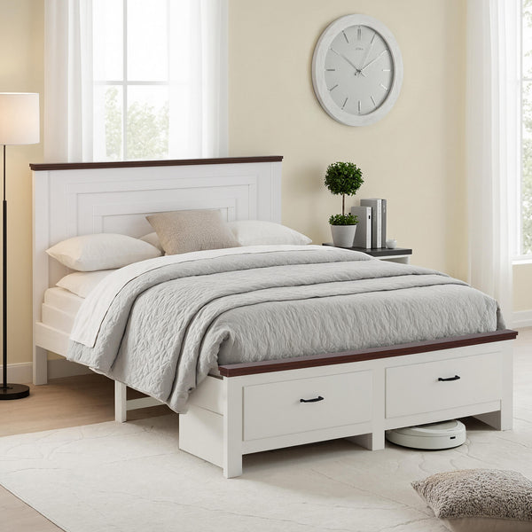 Artiss Double Wooden Bed Frame with 2 Drawer Platform Bed with 108cm Solid High Headboard White Bed Base for Bedroom Easy Assembly Awezingly