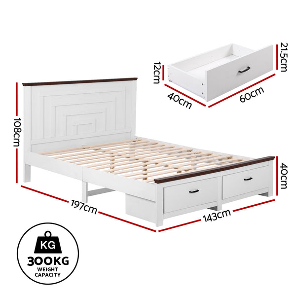 Artiss Double Wooden Bed Frame with 2 Drawer Platform Bed with 108cm Solid High Headboard White Bed Base for Bedroom Easy Assembly Awezingly