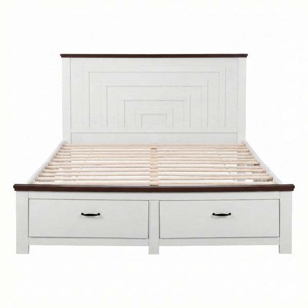 Artiss Double Wooden Bed Frame with 2 Drawer Platform Bed with 108cm Solid High Headboard White Bed Base for Bedroom Easy Assembly Awezingly