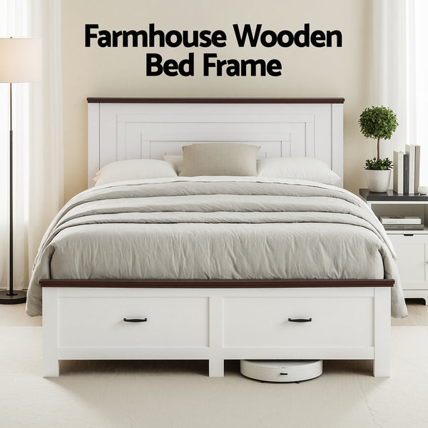 Artiss Double Wooden Bed Frame with 2 Drawer Platform Bed with 108cm Solid High Headboard White Bed Base for Bedroom Easy Assembly Awezingly